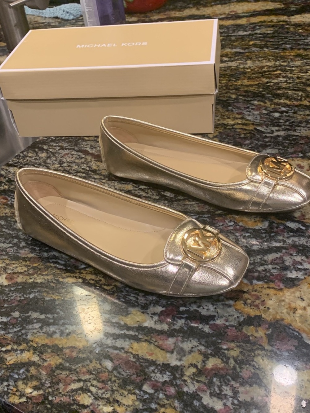 Michael Kors MetalGold Leather Logo Ballet Flats